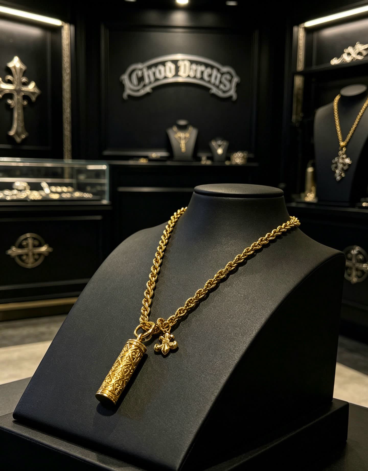 Chrome Hearts Gold-Plated Filigree Necklace with Pendant and Charm